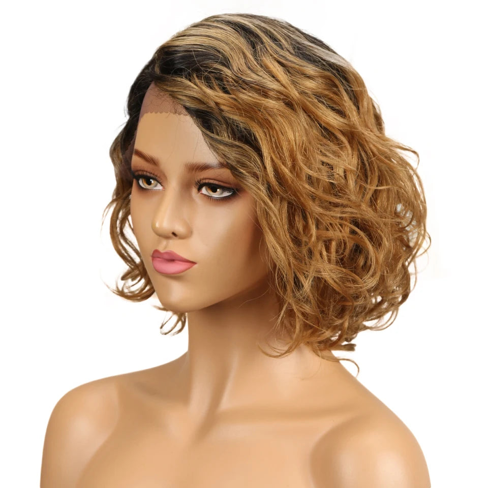 Lekker Short Wavy Bob Human Hair Lace Wig For Women Brazilian Glueless Ombre Curly Ready Wear Wigs