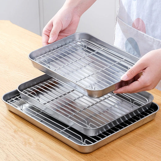 Stainless Steel BBQ Grid Non-Stick Bakeware with Cooling Rack Rectangle Baking Pan Home Food Storage Tray Plate Kitchen Utensils