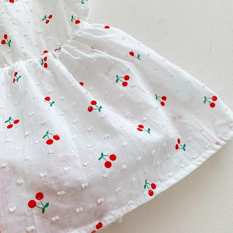 Cute Baby Girl Dress Romper Newborn Princess Fly Sleeve Cherry Print Cotton Skirted Bodysuit One-Pieces