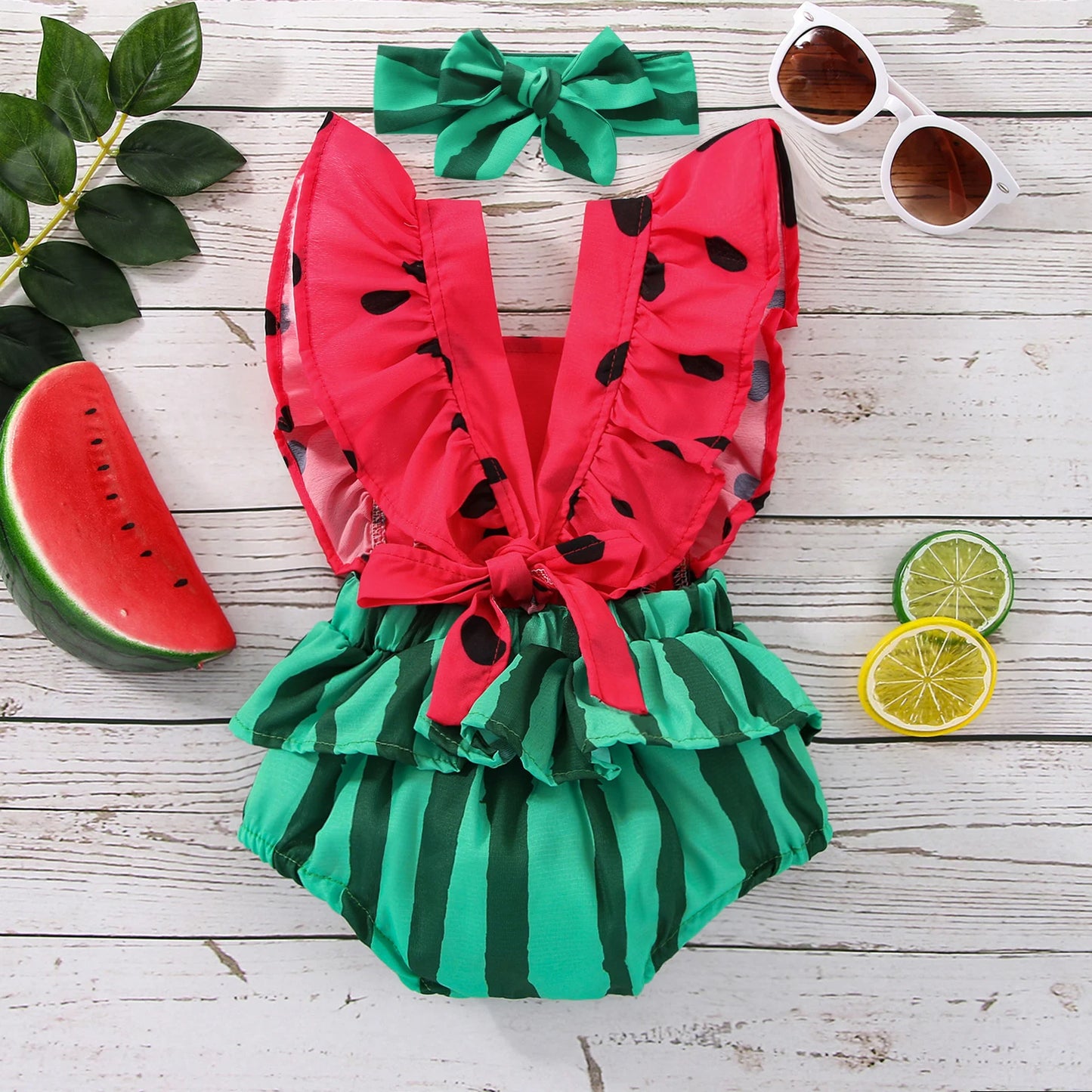 Citgeett Summer Infant Newborn Baby Girls Boys Bodysuit Outfits Watermelon Print Fly Sleeve Jumpsuit Headband Clothes