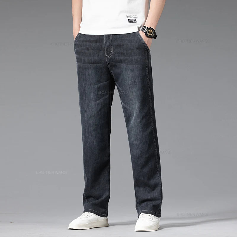 Summer Thin Jeans Men's Loose Straight Pants Fashion Elastic Waist Stretch Cotton Business Casual Denim Trousers Light Blue