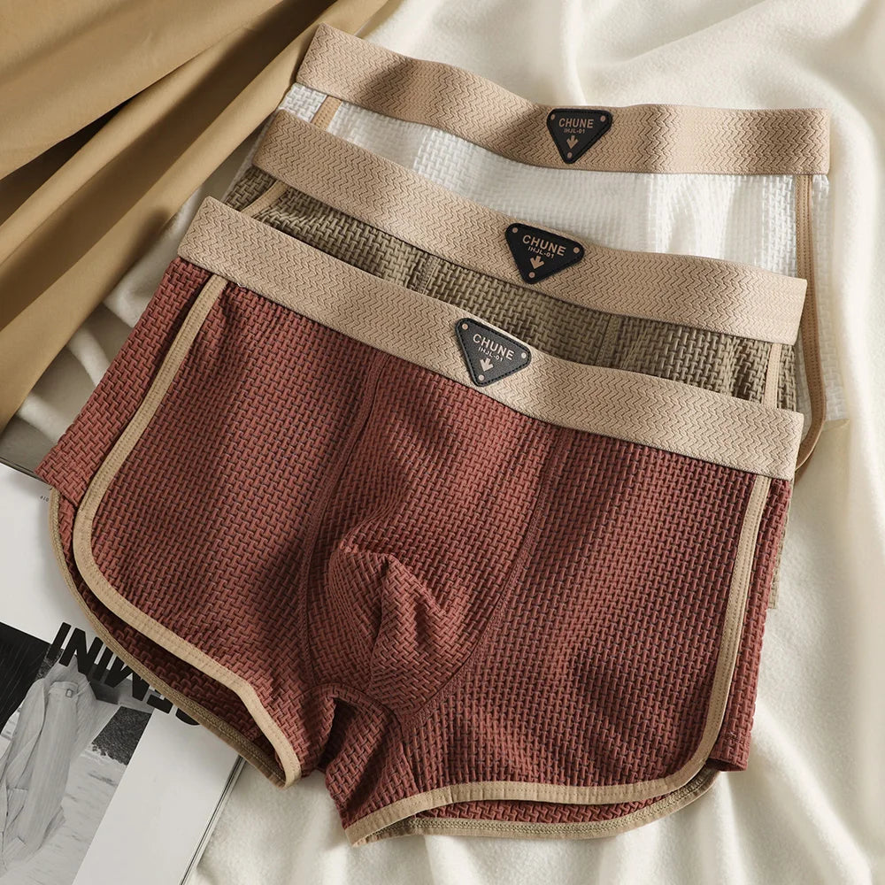 Fashion Ice Silk Knitted Plaid Boxers Breathable Comfort 3Pcs Pack Super Soft Men Panties