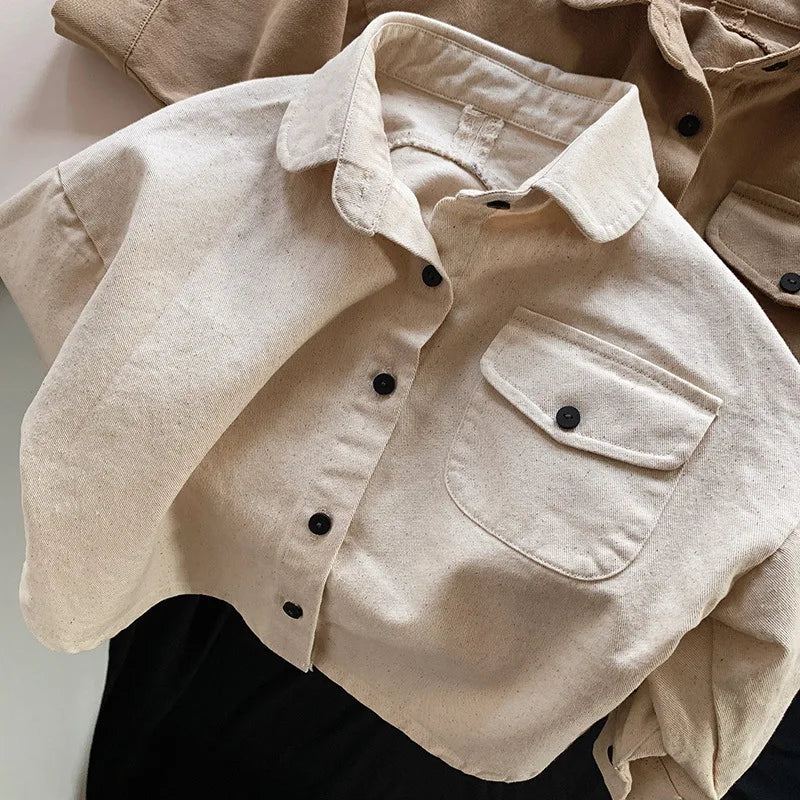 2023 New Children Long Sleeve Shirts Jacket Baby Pocket Coat Fashion Girls Cardigan Vintage Kids Jacket Boys Coat Autumn Clothes