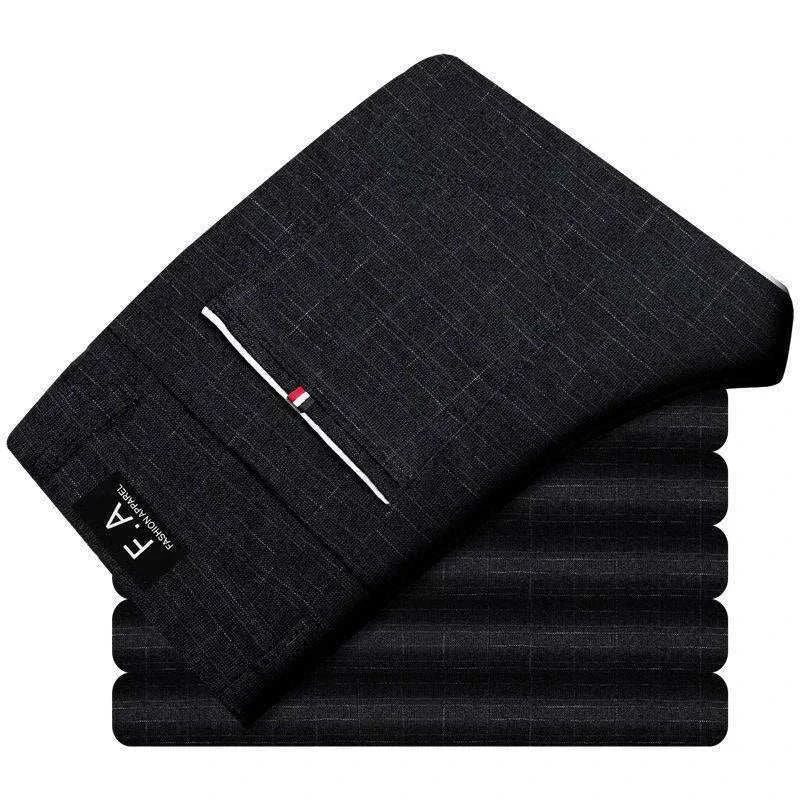 Men's comfortable breathable cotton slim fit straight style casual pants in black canvas fabric with zipper fly and pockets