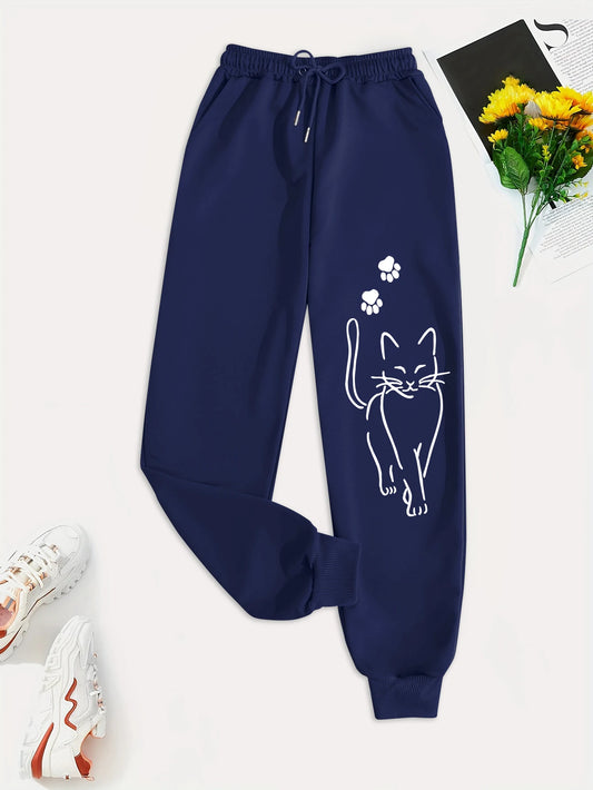 Elegant Cat Print Female Casual Versatile Women Pants Fashion Trendy Trousers With Drawstring Pockets Comfortable Sweatpants