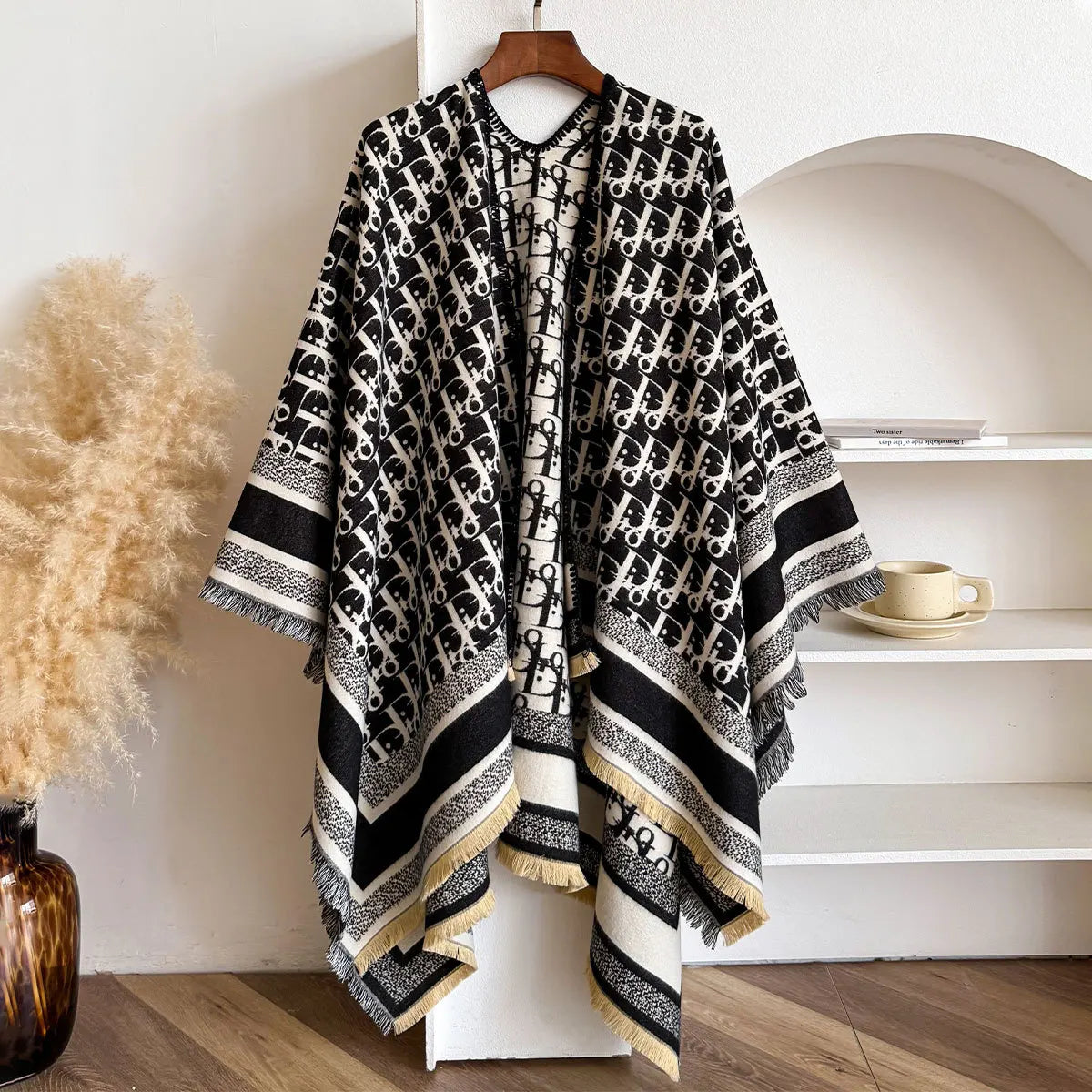 Winter Fashion Women's Scarf Warm Acrylic Shawl Black White Vintage Letter Design Cape Poncho Travel Accessory