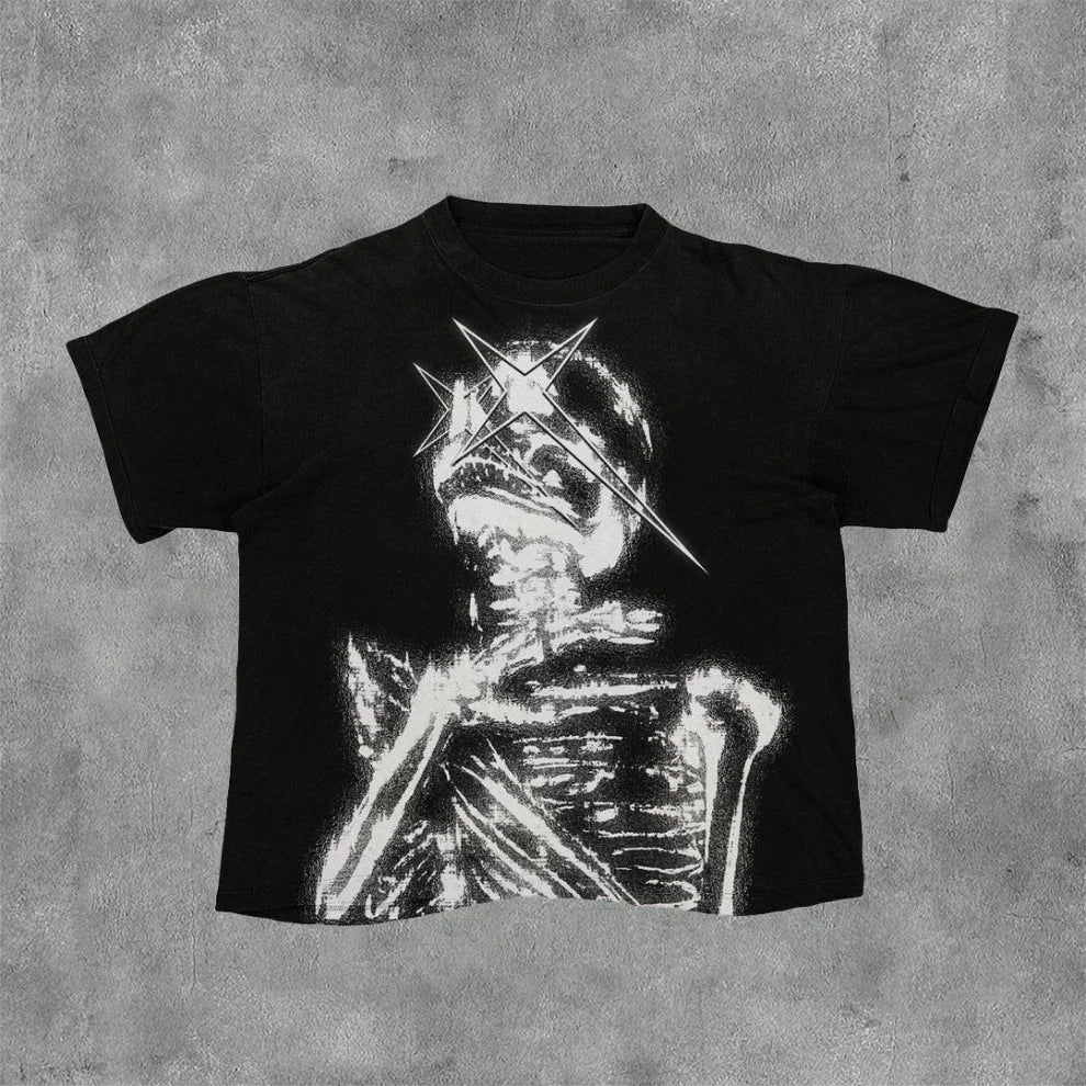 Vintage Dark  Skeletal Graphic Cotton Print Summer T-shirt Men Oversize Casual Women Tee Tops