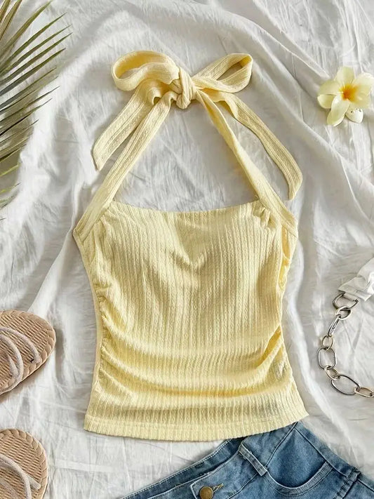 Women's Short Top Vacation Knitted Tie Hanging Neck Tie Top