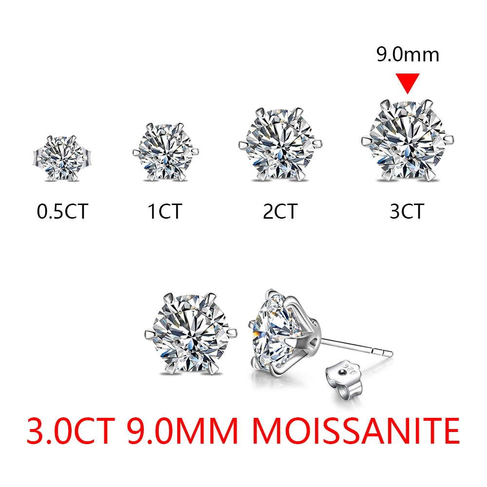 New Arrival 3.0 Carat Moissanite Gemstone Stud Earrings for Women Solid 925 Sterling Silver D color Solitaire Fine Jewelry