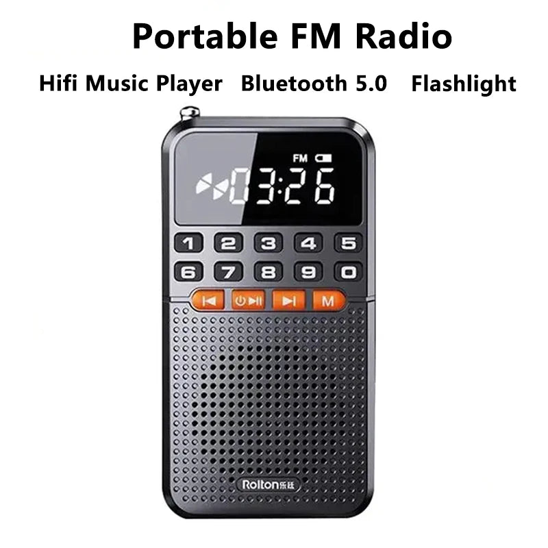 Portable FM Mini Radio Dual Antenna Pocket Radio Receiver Bluetooth 5.0 Speaker Music Player with LED  Flashlight