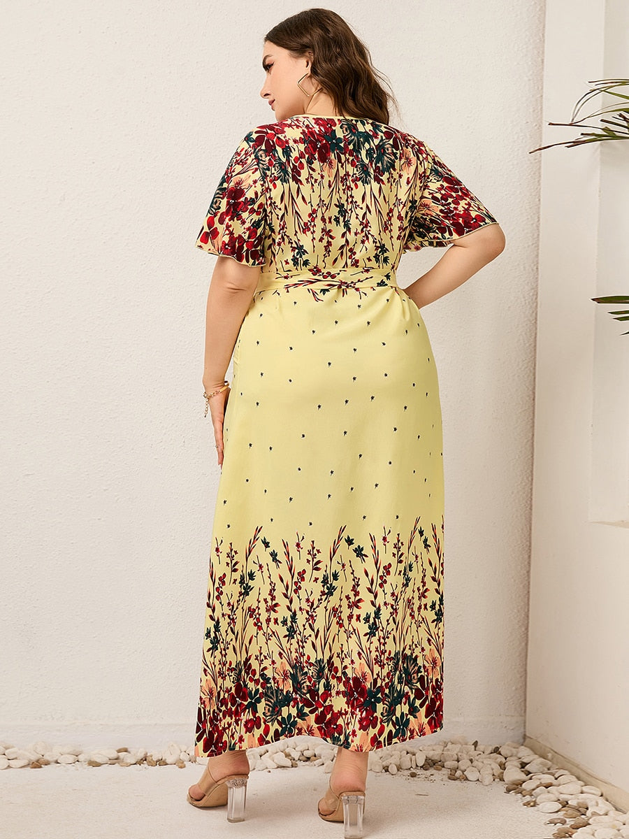 2023 Women Summer Long Dress V Neck Short Sleeve Floral Print Boho Beach Dress Curvy Woman Plus Size Women Clothing