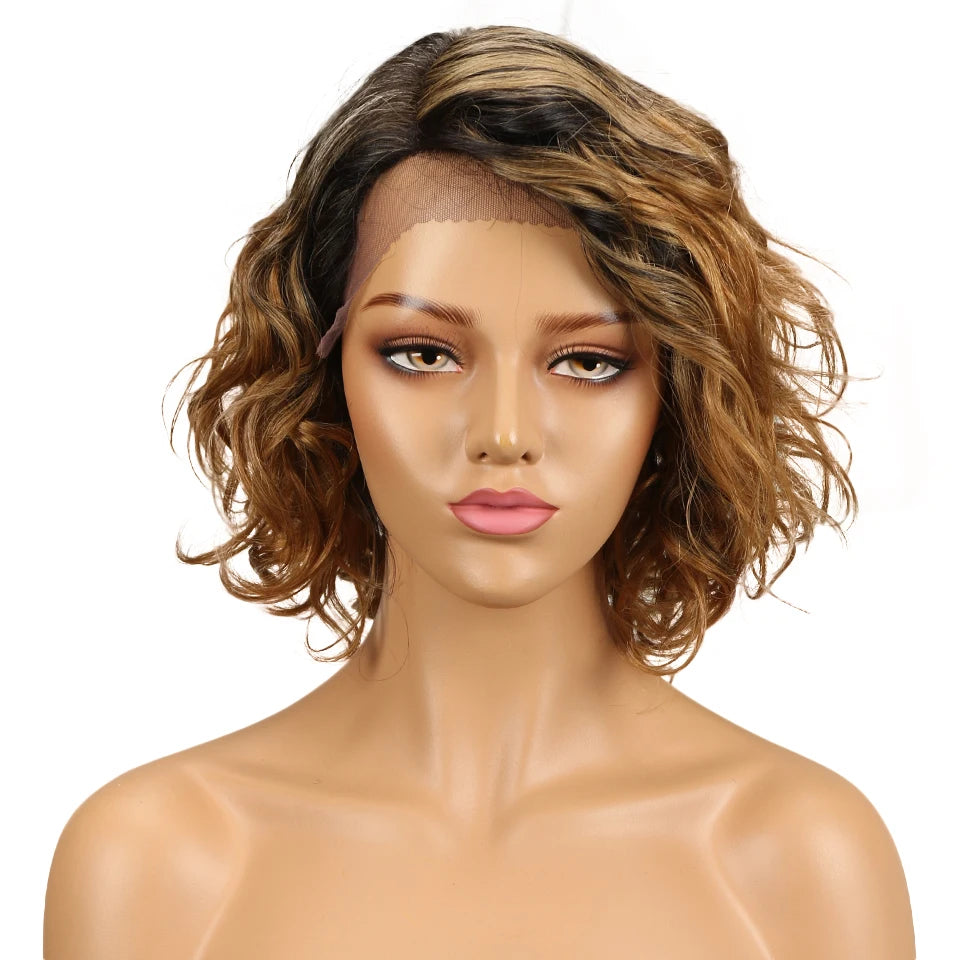 Lekker Short Wavy Bob Human Hair Lace Wig For Women Brazilian Glueless Ombre Curly Ready Wear Wigs