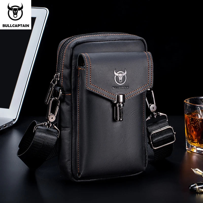 BULLCAPTAIN Men's Crazy Horse Leather Waist Bag Multifunctional 7-inch Mobile Phone Shoulder Messenger Bag Brown Vintage Style