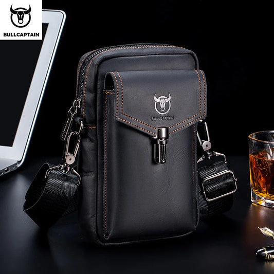 BULLCAPTAIN Men's Crazy Horse Leather Waist Bag Multifunctional 7-inch Mobile Phone Shoulder Messenger Bag Brown Vintage Style