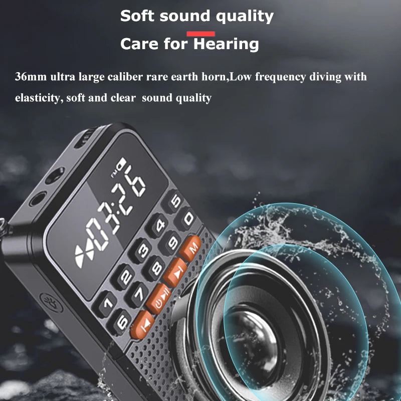 Portable FM Mini Radio Dual Antenna Pocket Radio Receiver Bluetooth 5.0 Speaker Music Player with LED  Flashlight