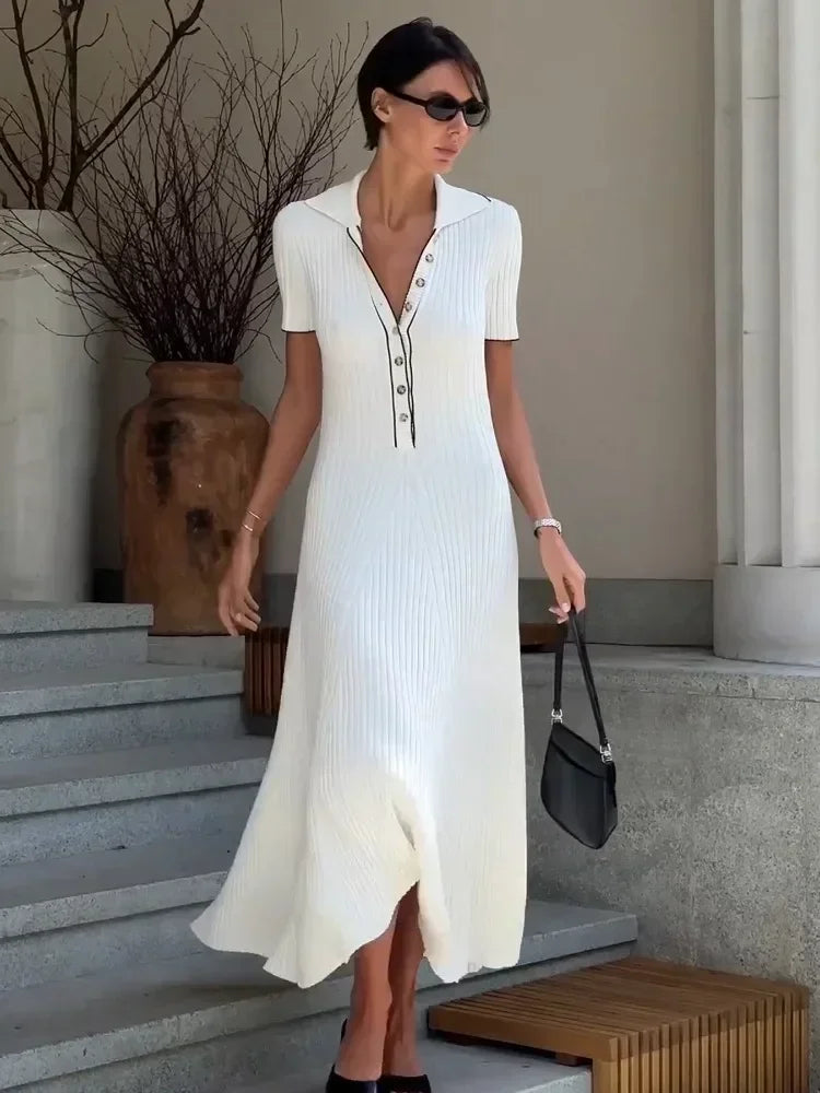 Tossy White Maxi Dress For Women Short Sleeve Patchwork Elegant Party Lapel  Knitwear Women Dress