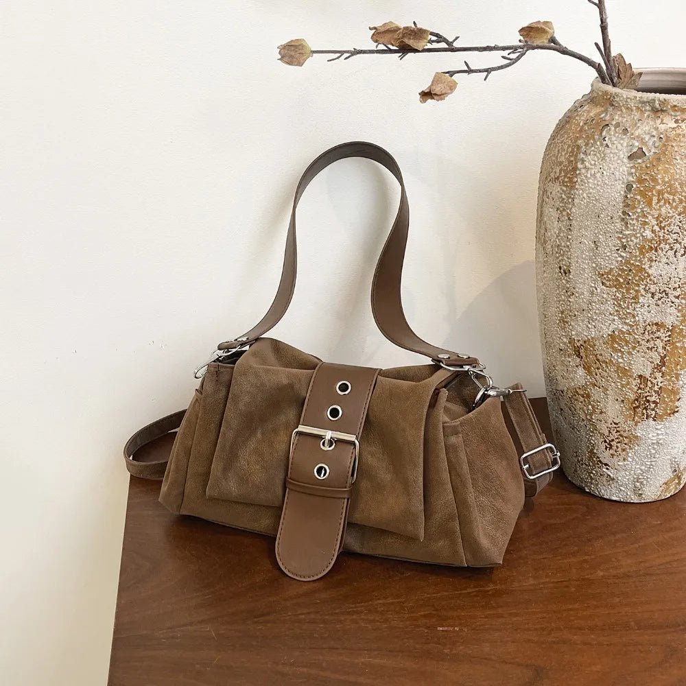 Vintage Large Capacity Shoulder Bag with Wide Leather Strap Faux Suede Y2K Women's Handbag Unisex Casual Tote for All Seasons