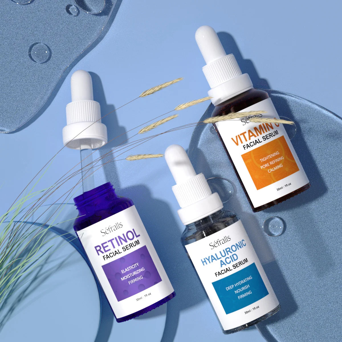 Séfralls Hyaluronic Acid VC Essence Set 30ml X 3pcs Vitamin-C & a Serums for Firming Moisturizing Whitening Anti-Aging Women's Face Serum