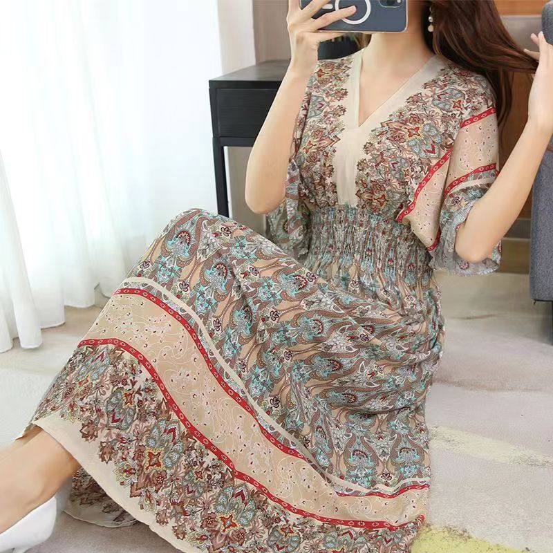 Casual Elegant V-neck Tunic Large Printed Dress Long Skirt