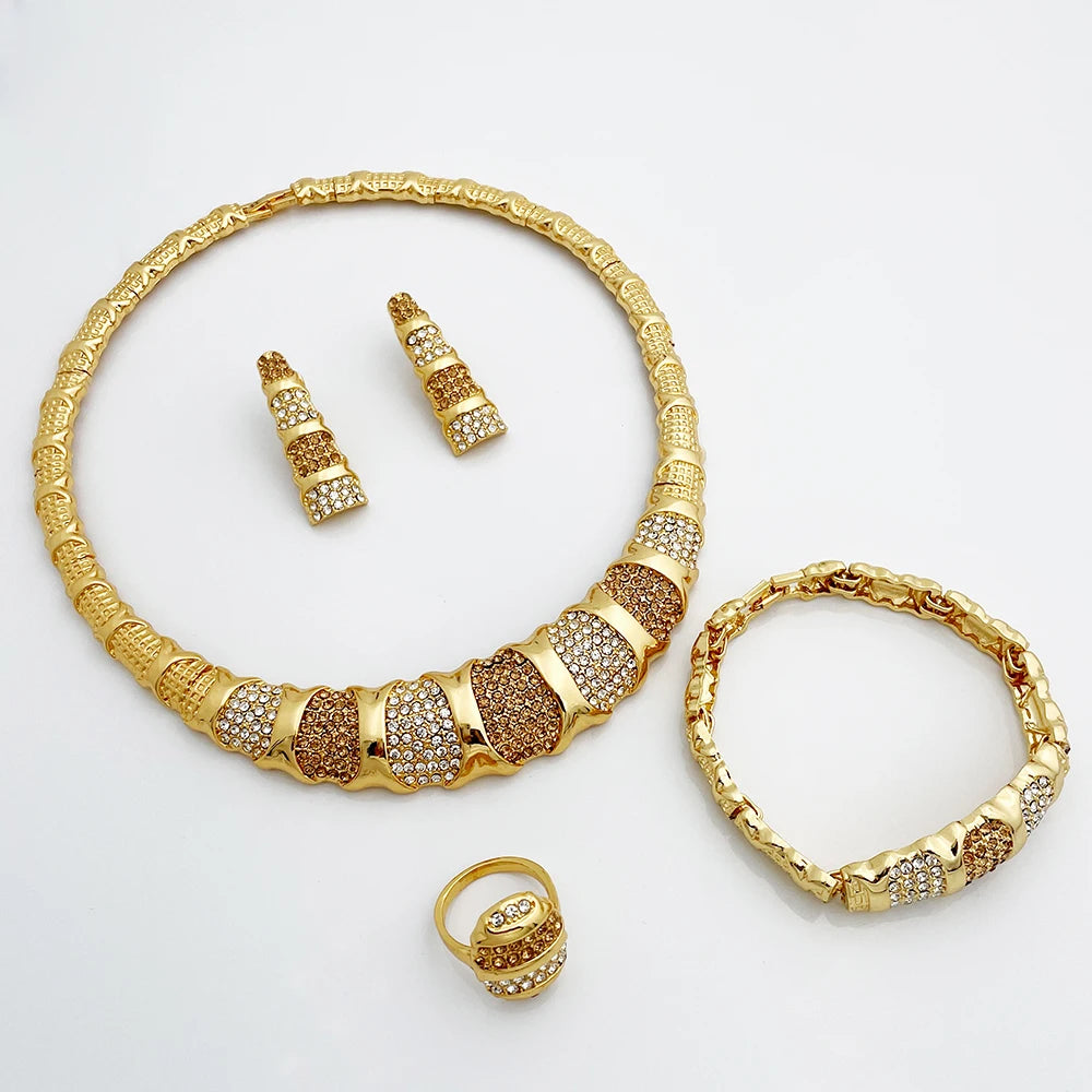 Gold Color Jewelry Sets Luxury 18K Gold Plated Women Necklaces Earrings Ring Bracelet  Accessories