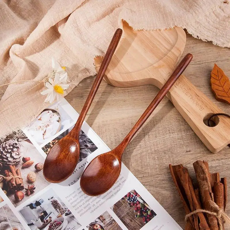 2pcs Wooden Spoon Long Handle Utensil Japanese Style Spoon for Eating Mixing Stirring Cooking Baking