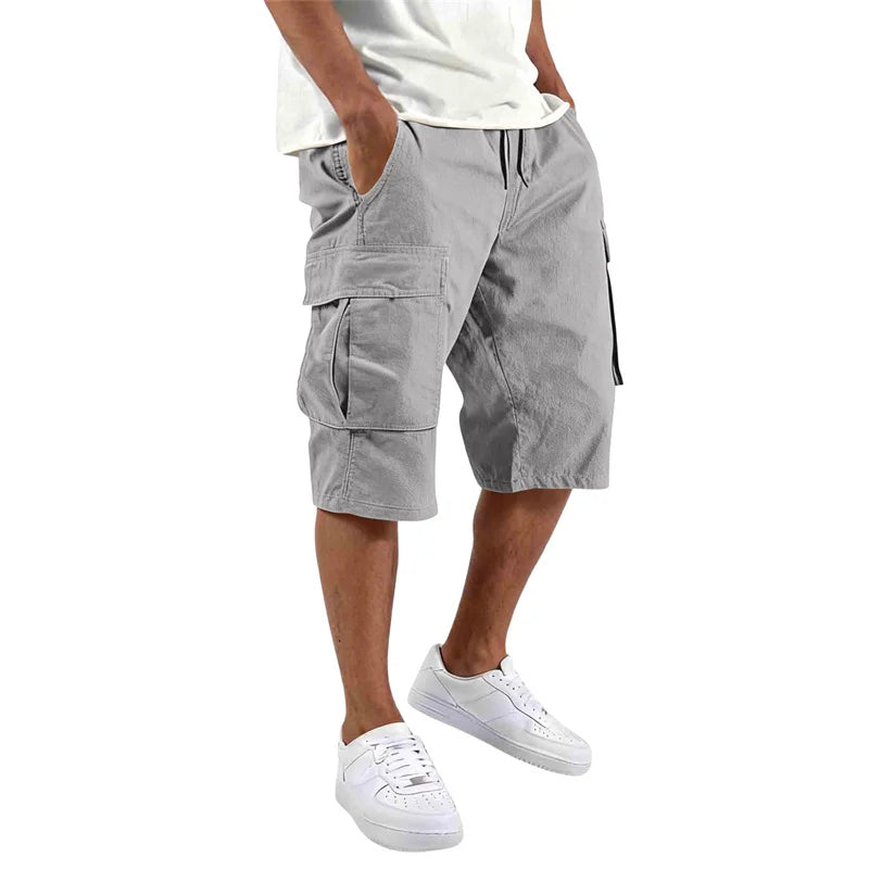 Summer loose straight Casual multi-pocket Shorts fashion Men drawstring daily cargo short pants