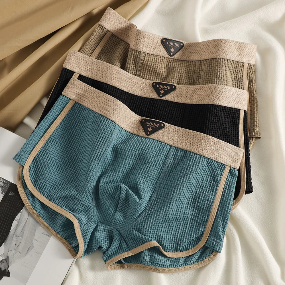 Fashion Ice Silk Knitted Plaid Boxers Breathable Comfort 3Pcs Pack Super Soft Men Panties