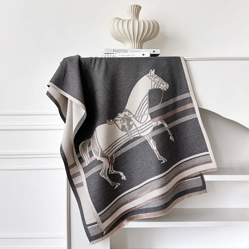 Women's Soft Cashmere Pashmina Scarf Warm Plaid Horse Print Shawl Thick Winter Wrap Tassel Stole Hijab for Outdoor Fashion