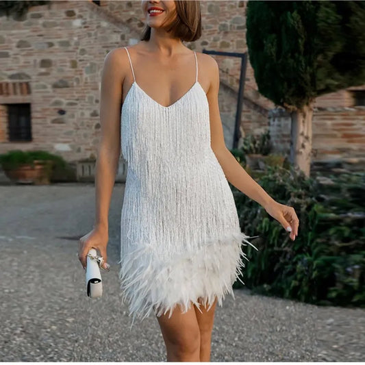 Sexy Feather Mini Dress Women Spaghetti Strap Elegant Evening Party Club Dress