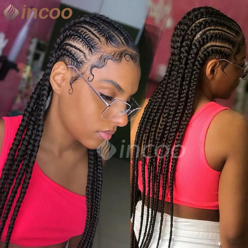 Cornrows Synthetic Wig For Black Women Jumbo Lace Frontal Faux Locs Box Braids Wig