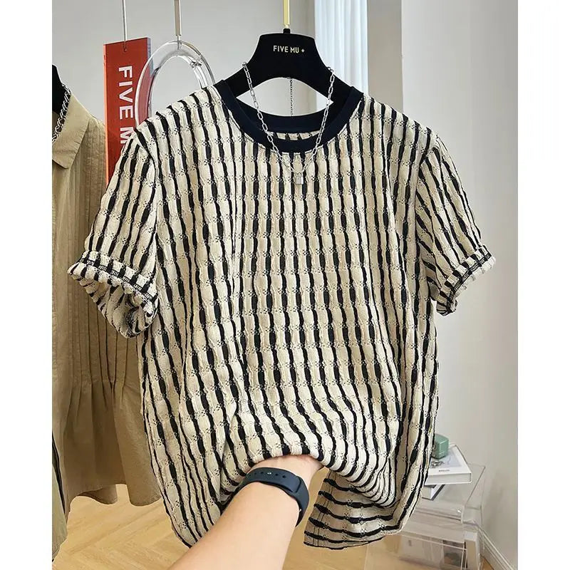 Men's Summer Hollow Stripes Short Sleeved O-Neck Hip-hop T-shirt Streetwear Outdoor for Clothing