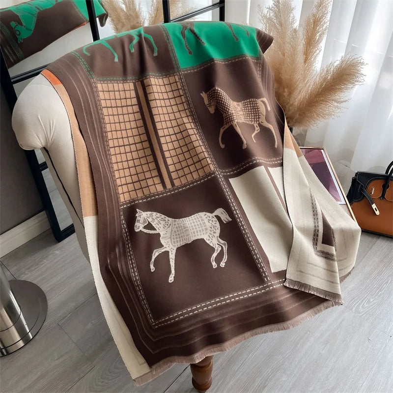 Women's Soft Cashmere Pashmina Scarf Warm Plaid Horse Print Shawl Thick Winter Wrap Tassel Stole Hijab for Outdoor Fashion