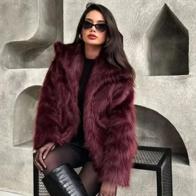 Women's Fur Coat Plush Burgundy Bomber Jacket Solid Crop Long Sleeve Jacket Warm Winter Coats Woman Casual Coats