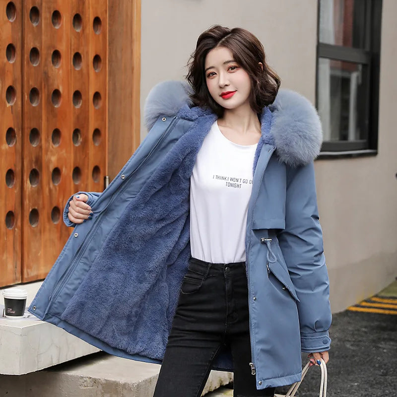 Women Fashion Wool Liner Hooded Parkas Winter Jacket with Fur Collar Warm Snow Wear