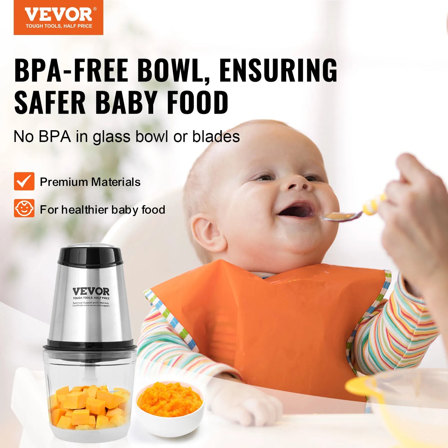 VEVOR Electric Meat Grinder with 4-Wing Stainless Steel Blades 2.5 Cup Glass Bowl 2 Speeds Food Grinder for Baby Food