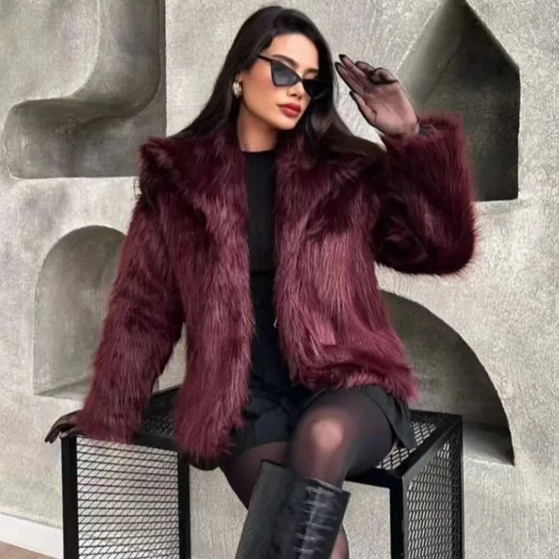Women's Fur Coat Plush Burgundy Bomber Jacket Solid Crop Long Sleeve Jacket Warm Winter Coats Woman Casual Coats