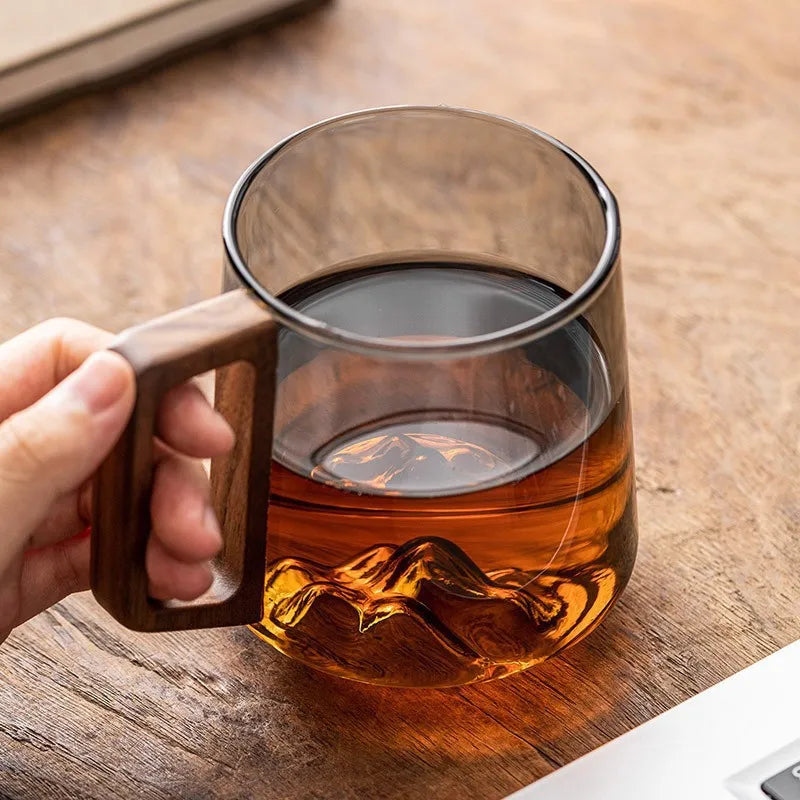 Guanshan Single-layer Glass Side Wooden Handle Drinking Cups Household Large-capacity Milk Tea Juice Cup