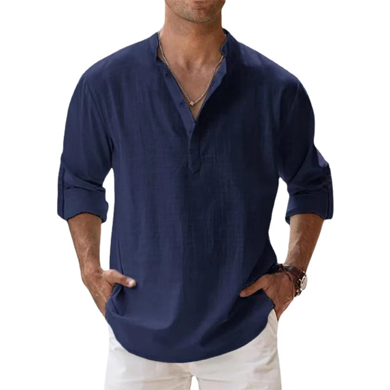 Men's Cotton Linen Casual Shirts Lightweight Long Sleeve Henley Beach Hawaiian T Shirts