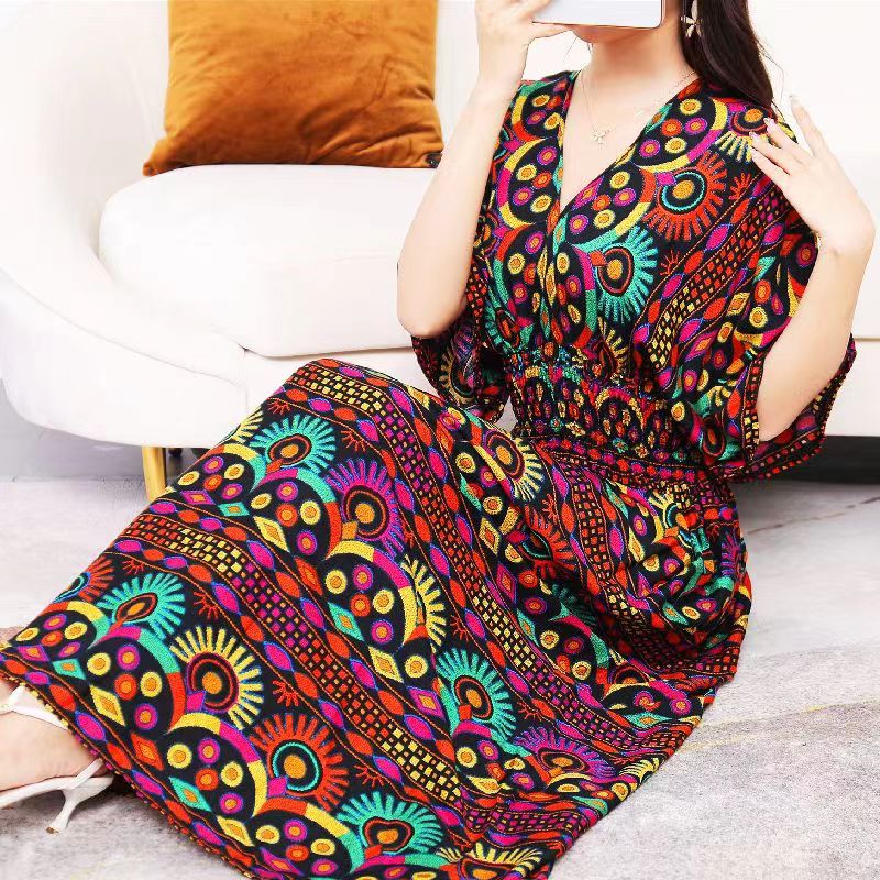 Casual Elegant V-neck Tunic Large Printed Dress Long Skirt