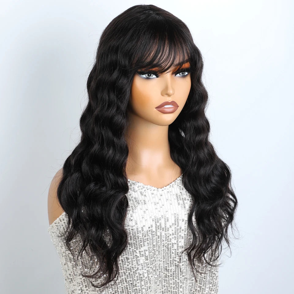 Lekker Body Wave 100% Human Hair Wigs With Bangs For Women Brazilian Long Wavy Daily Black Wigs