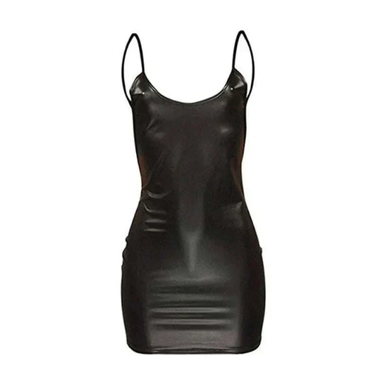  Black sleeveless bodycon mini dress with spaghetti straps