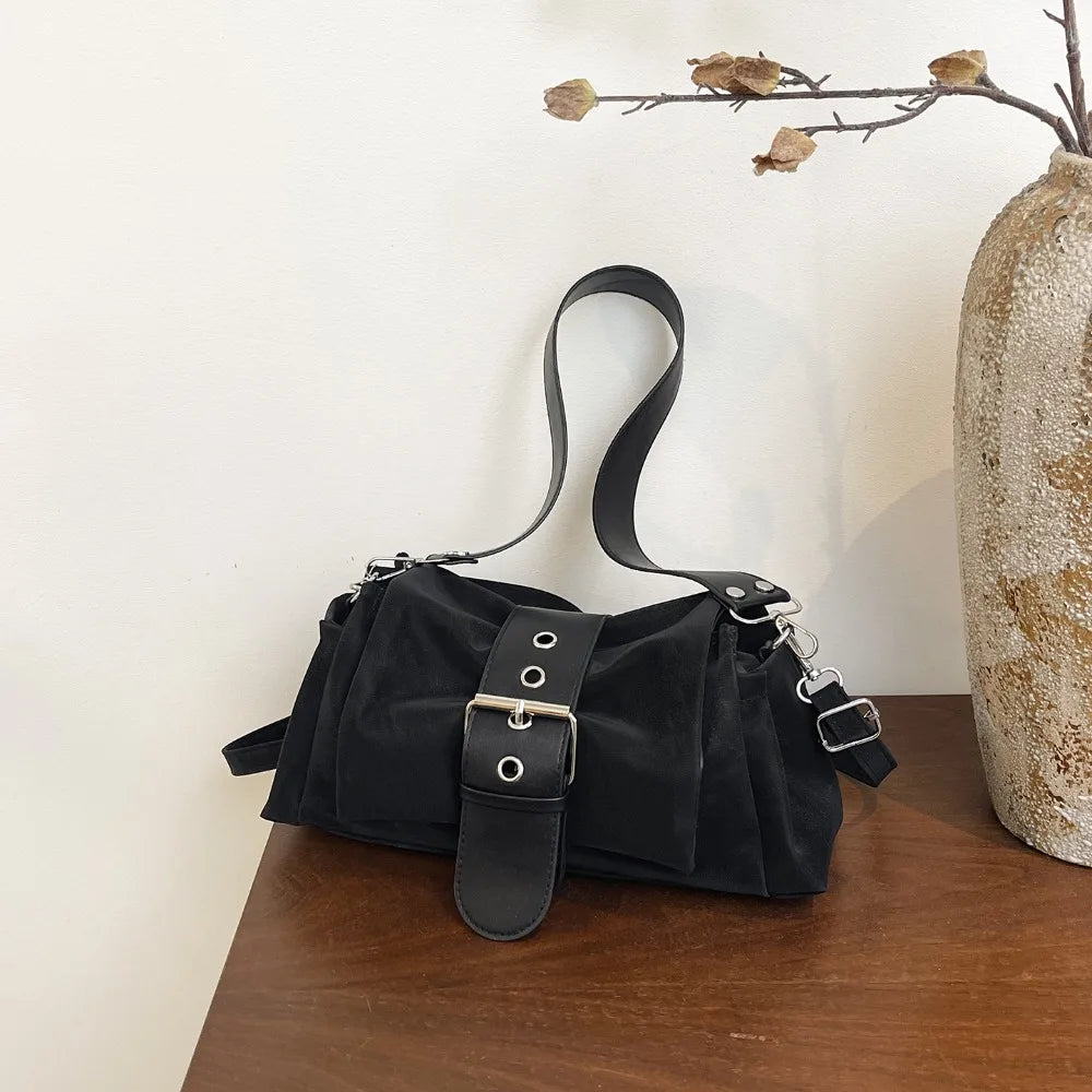 Vintage Large Capacity Shoulder Bag with Wide Leather Strap Faux Suede Y2K Women's Handbag Unisex Casual Tote for All Seasons