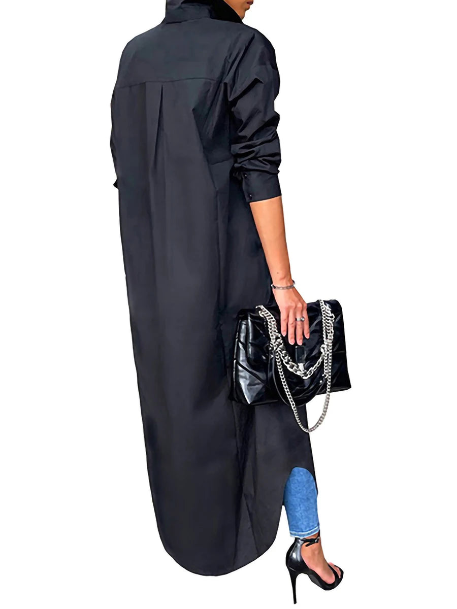 Women Elegant V-neck Long Sleeve Solid Color Button Down Maxi Dress Coat with Pockets and Belt