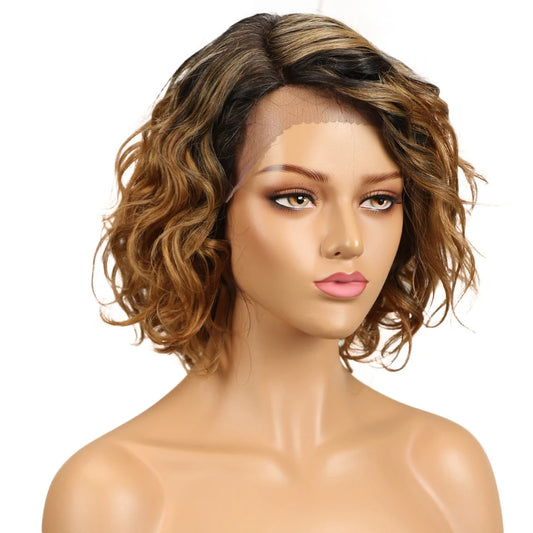 Lekker Short Wavy Bob Human Hair Lace Wig For Women Brazilian Glueless Ombre Curly Ready Wear Wigs