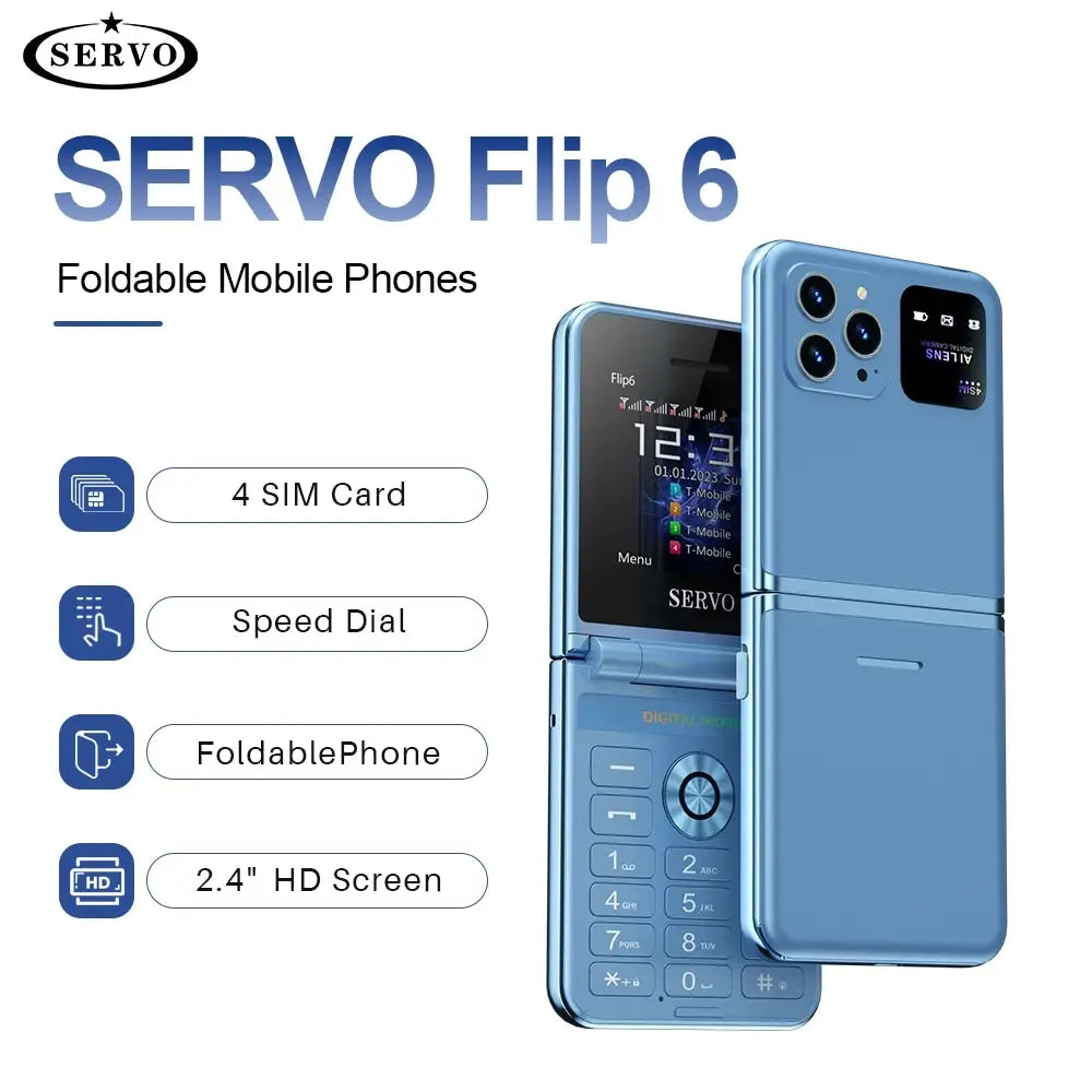 SERVO Flip6 New Folding Mobile Push Button Clamshell Phone Classic Colors