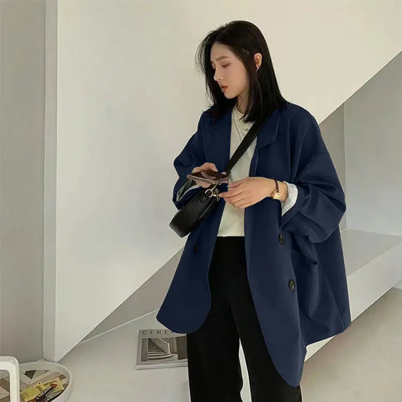 Oversize Double-breasted Tweed Blazer for Women Long Sleeve Black Loose Casual Jacket Korean Chic Streetwear for Spring Autumn