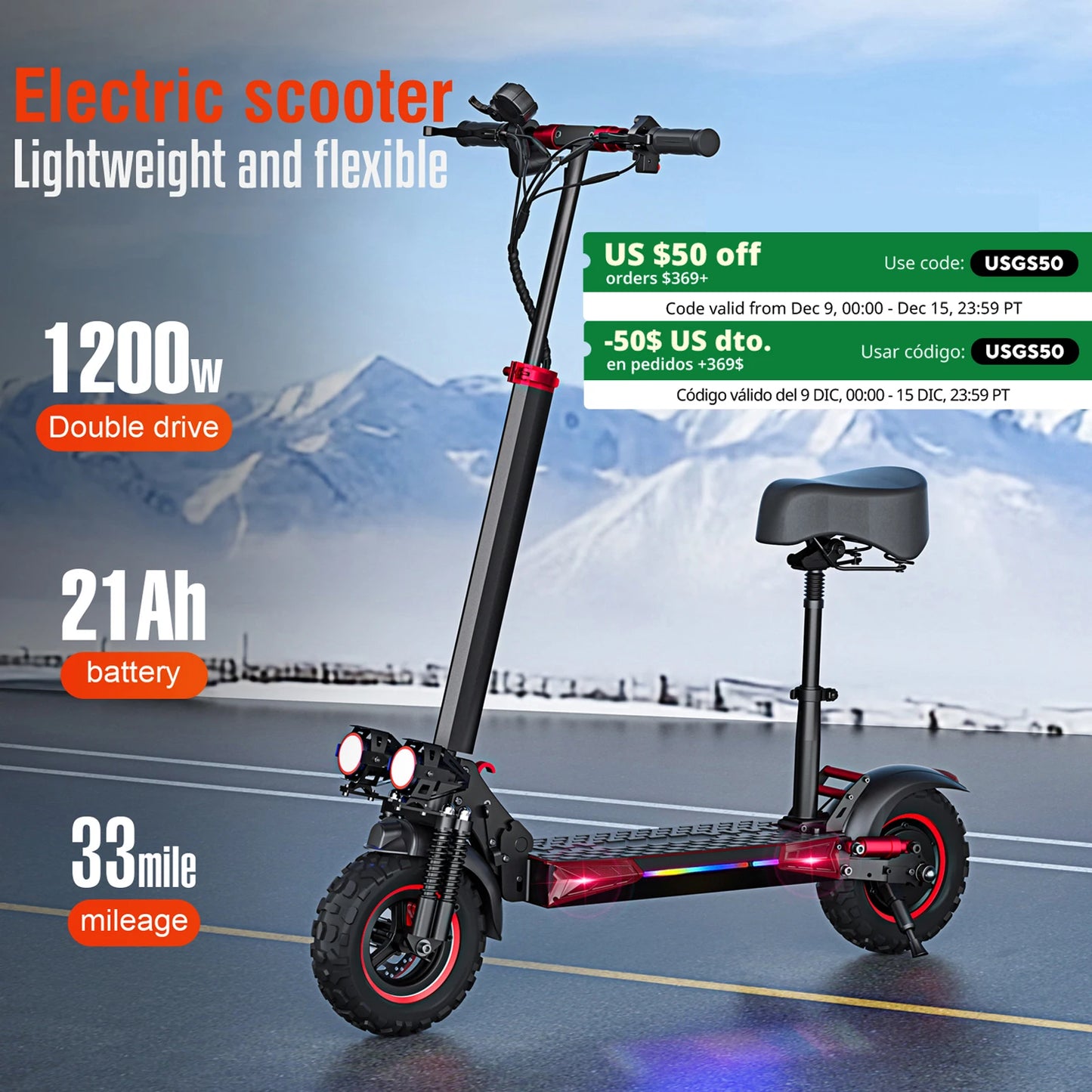 Foldable Electric Scooter with Seat for Adults, 33Miles Range Commuter E-scooter