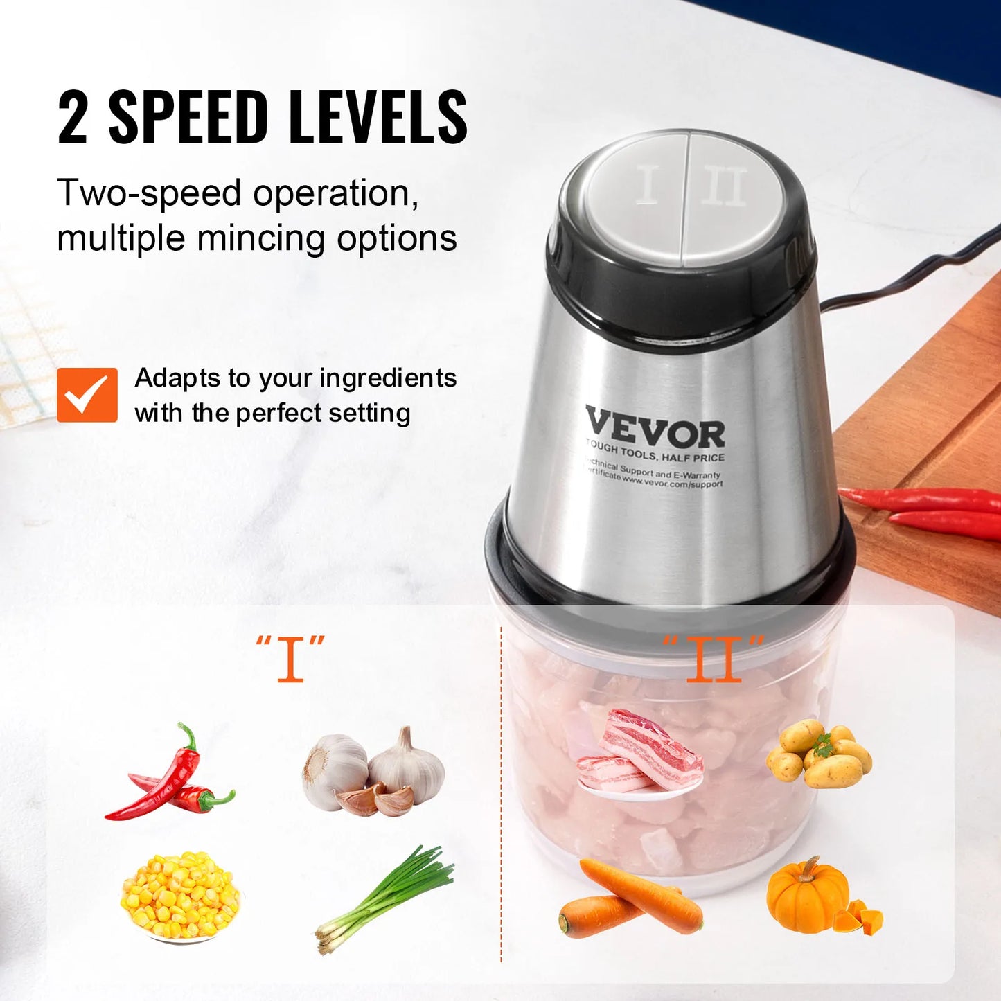 VEVOR Electric Meat Grinder with 4-Wing Stainless Steel Blades 2.5 Cup Glass Bowl 2 Speeds Food Grinder for Baby Food