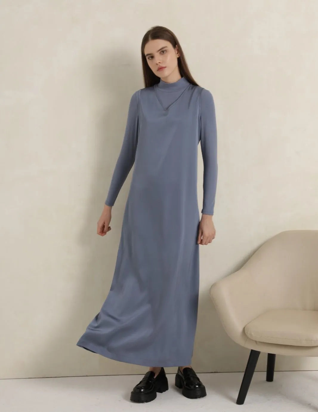 AP V Neck Satin Maxi Dress Rib Modal Mock Neck Top 2024 Fall High Quality Women Dress Three Colors, #2001