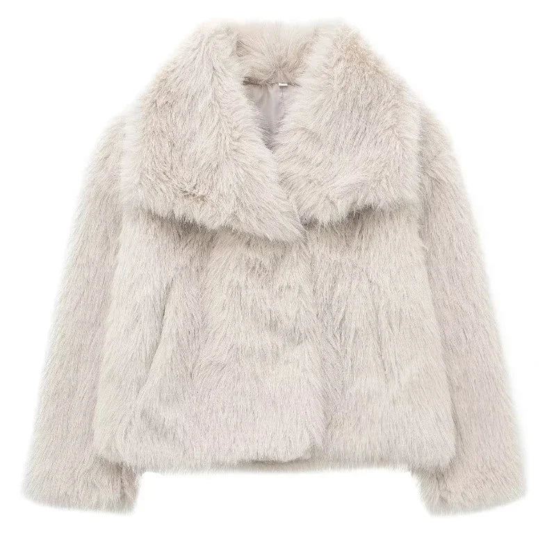 Women's Faux Fur Coat Autumn Winter Plush Fluffy Jacket Casual Turn-Down Collar Covered Button Closure Wool Blends Outerwear